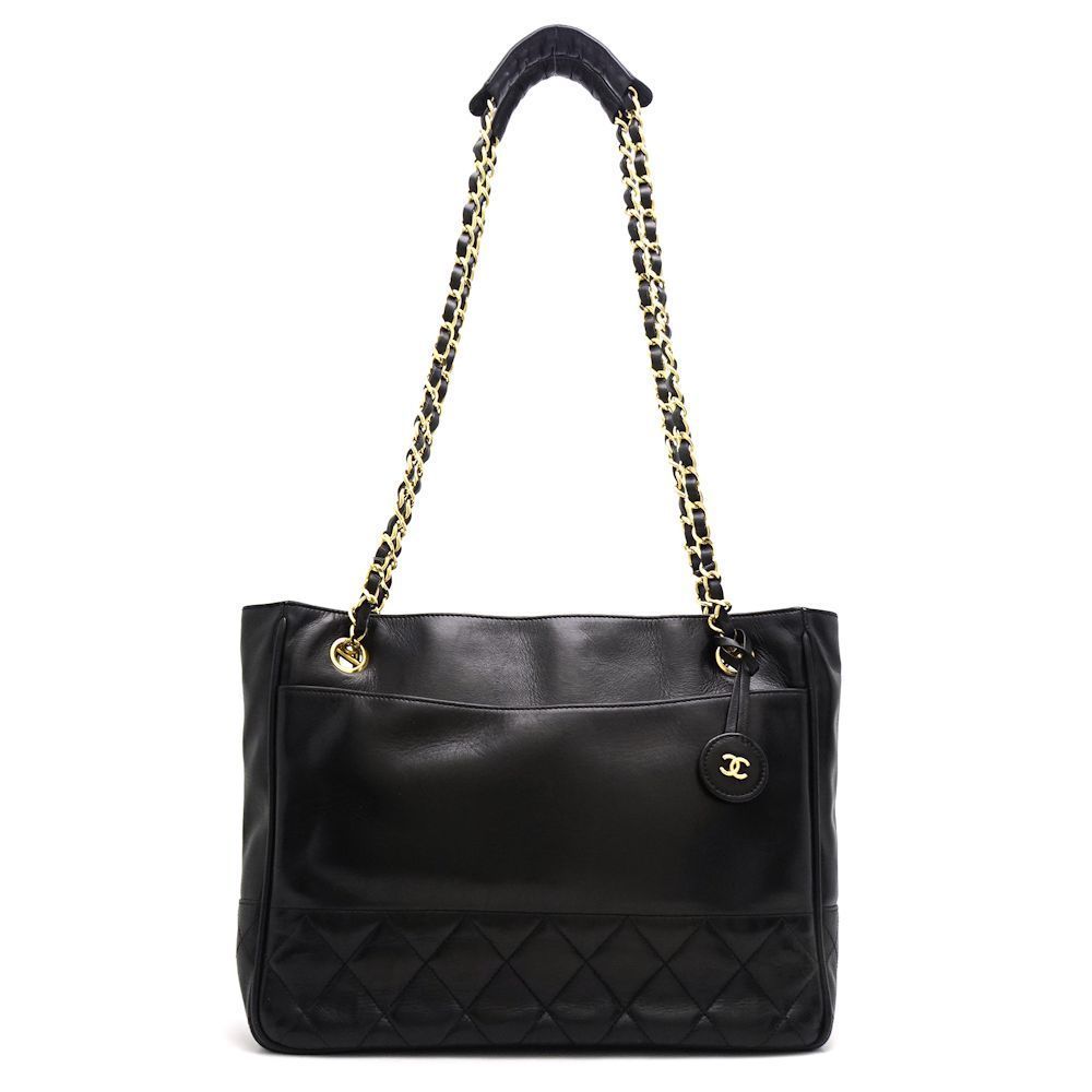Chanel Chain Tote Bag Leather Black x Gold Metal Fittings